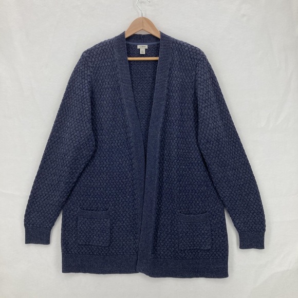 L.L.Bean Sweater Womens 2X Blue Open Front Cardigan Cotton Textured Knit Pockets - Picture 1 of 12